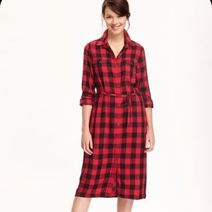 Old Navy red plaid midi shirt dress size small